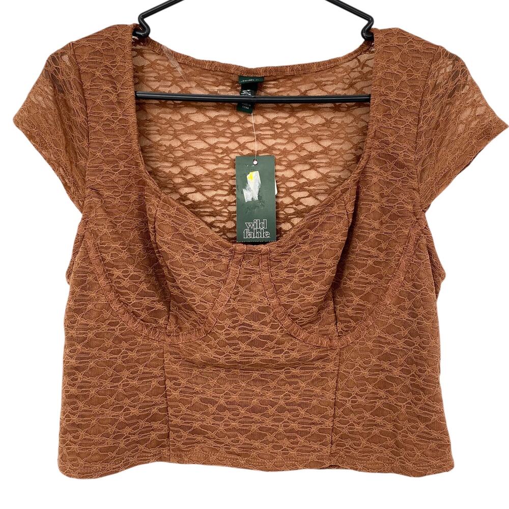 NEW WILD FABLE Sheer Floral Mesh Crop Top Size Large Brown Cap Sleeve V Neck